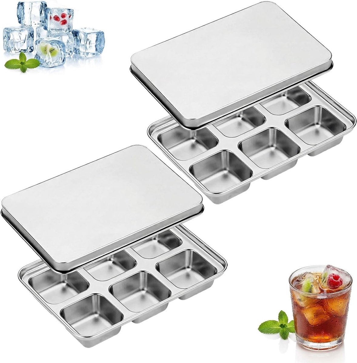 RVS IJsblokjeshouder met Deksel - 12 Stuks - Grote Vierkante IJsblokjes voor Drankjes, Whisky en Cocktails - Set van 2, BPA-vrij en Duurzaam
