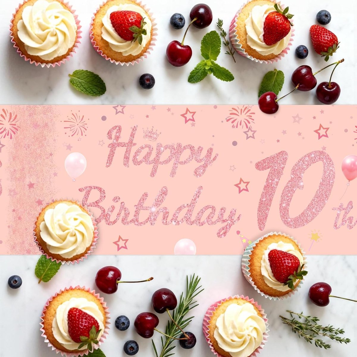 SnelShoppen - Table Runner Happy Birthday Meisje 10 Jaar Roze Goud 180x35cm - Feestdecoratie Tafelkleed voor Verjaardag - Geschikt voor 4-6 Personen