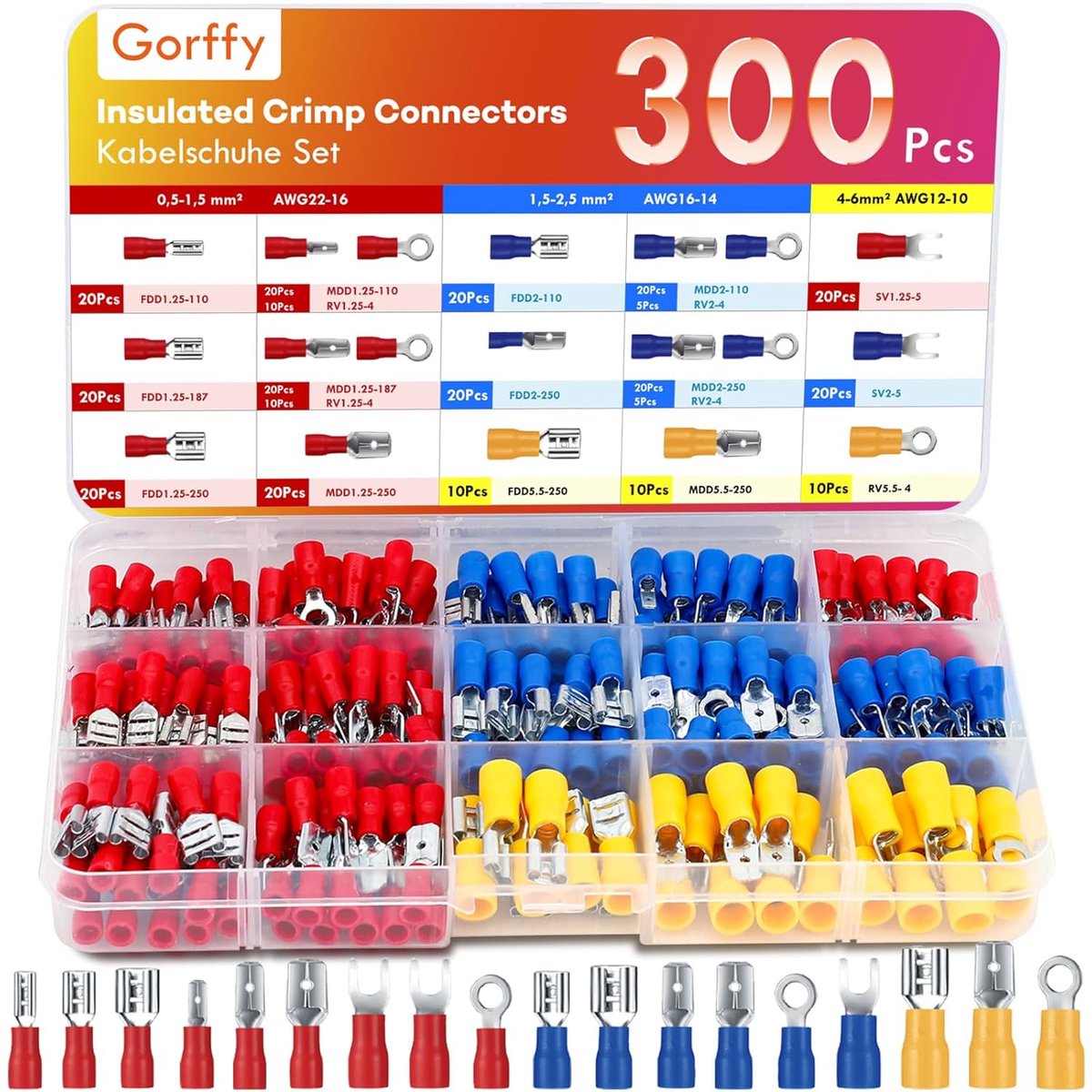 SnelShoppen - Cable Lugs Set 300 Stuks, Assortiment Platte Stekkers 0.5 - 6.0 mm², Elektrische Crimpconnectoren, Tinnen Messing Inserts, Voor Auto en