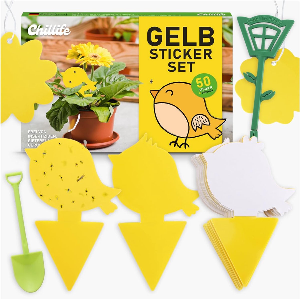 SnelShoppen - 50 Gele Vliegenvallen Stickers voor Fungus Gnats met 20 Binding Draadjes, 3 Dubbele Stokken en 1 Schepje - Effectieve Pestbestrijding vo