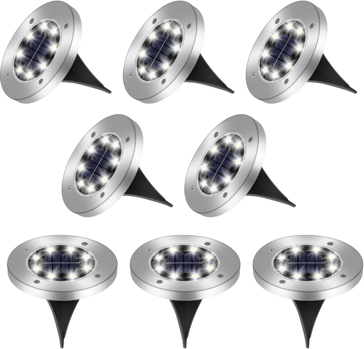 Thijox - Set van 8 Zonne-Vloerlampen voor Buiten, LED Tuinlampen met IP65 Waterdichtheid, Roestvrij Staal, Koel Wit Licht voor Tuin, Gazon, Terras, Lo