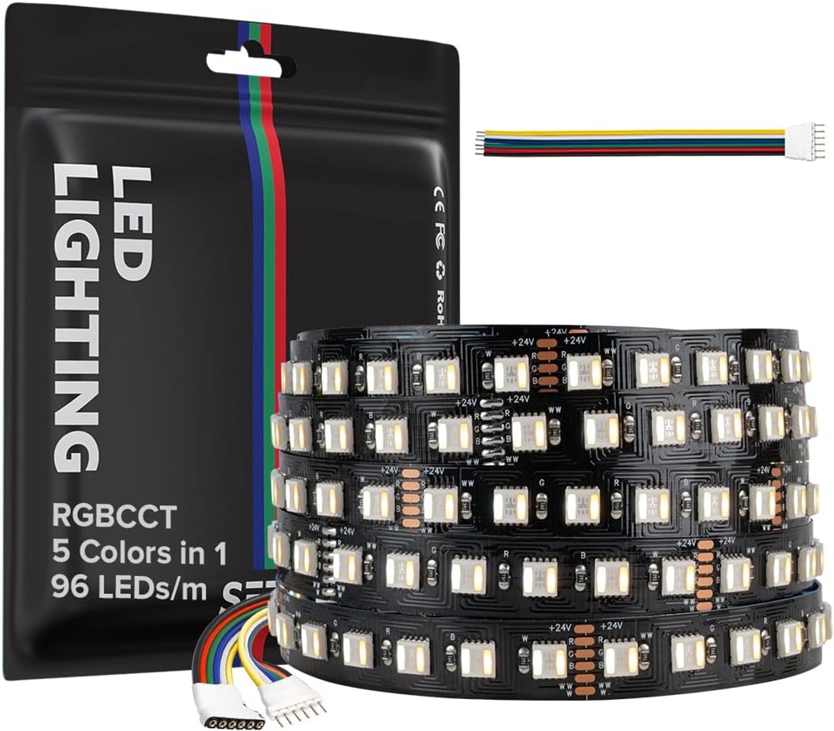 SnelShoppen - 5m LED Strip Lights 5050 RGBCCT RGB + Warm Wit 3000K-6000K 24V Superhelder 96LEDs/m IP30 Niet Waterproof Voor Thuis Decoratie en Sfeerve