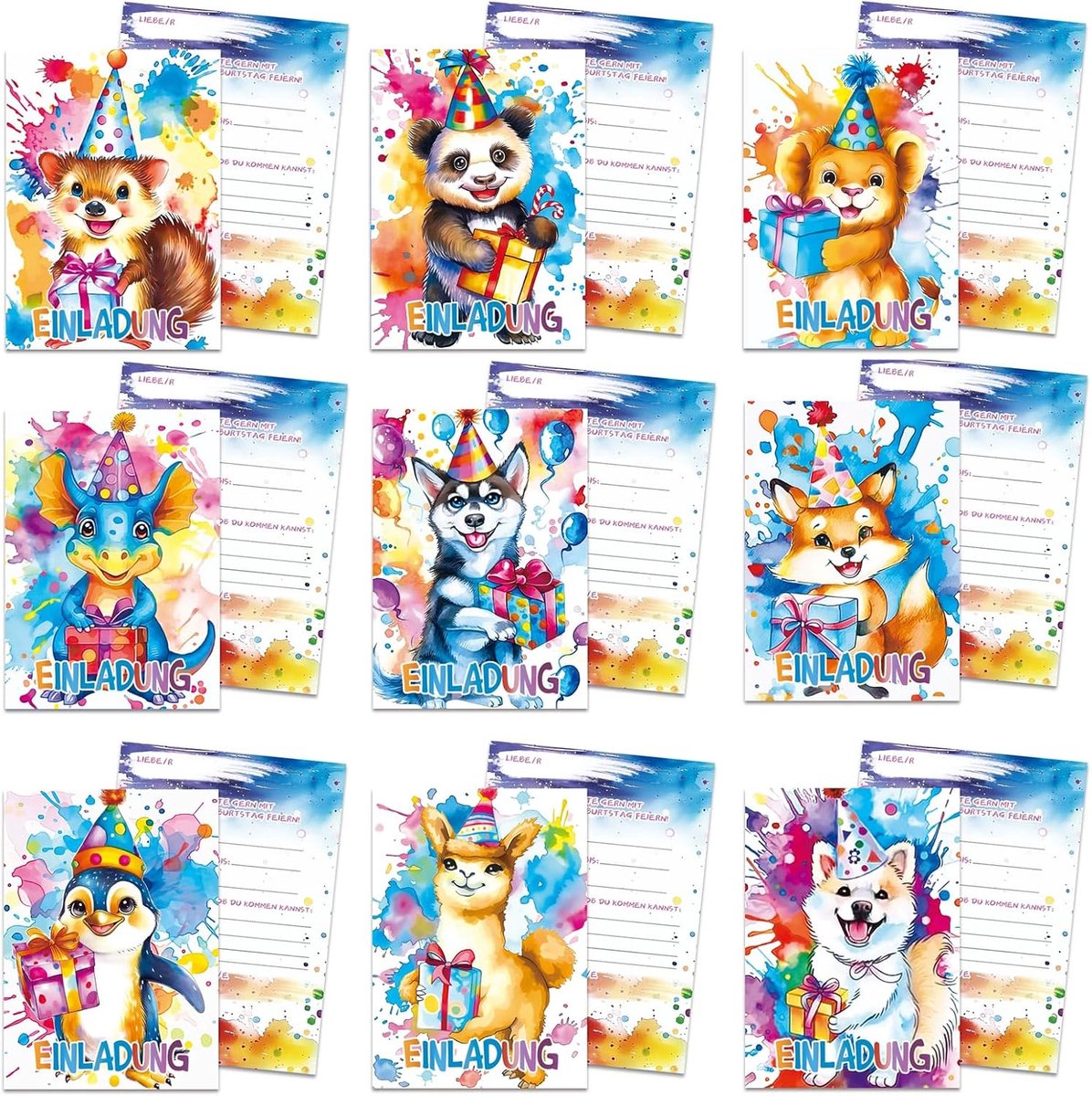 SnelShoppen - 18 Uitnodigingskaarten Kinderverjaardag Dieren, 9 Motieven zoals Egel, Husky, Dinosaurus, Panda | 15x10,8 cm | Feestuitnodigingen voor K