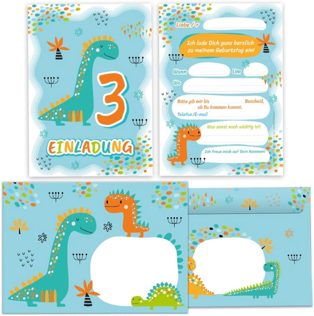 SnelShoppen - 12 Dino Uitnodigingskaarten voor 3e Verjaardag Jongens incl. Enveloppen, Kinderen Feest, 10.5x14.8 cm, Zelfklevend, Leuke Dinosaurussen