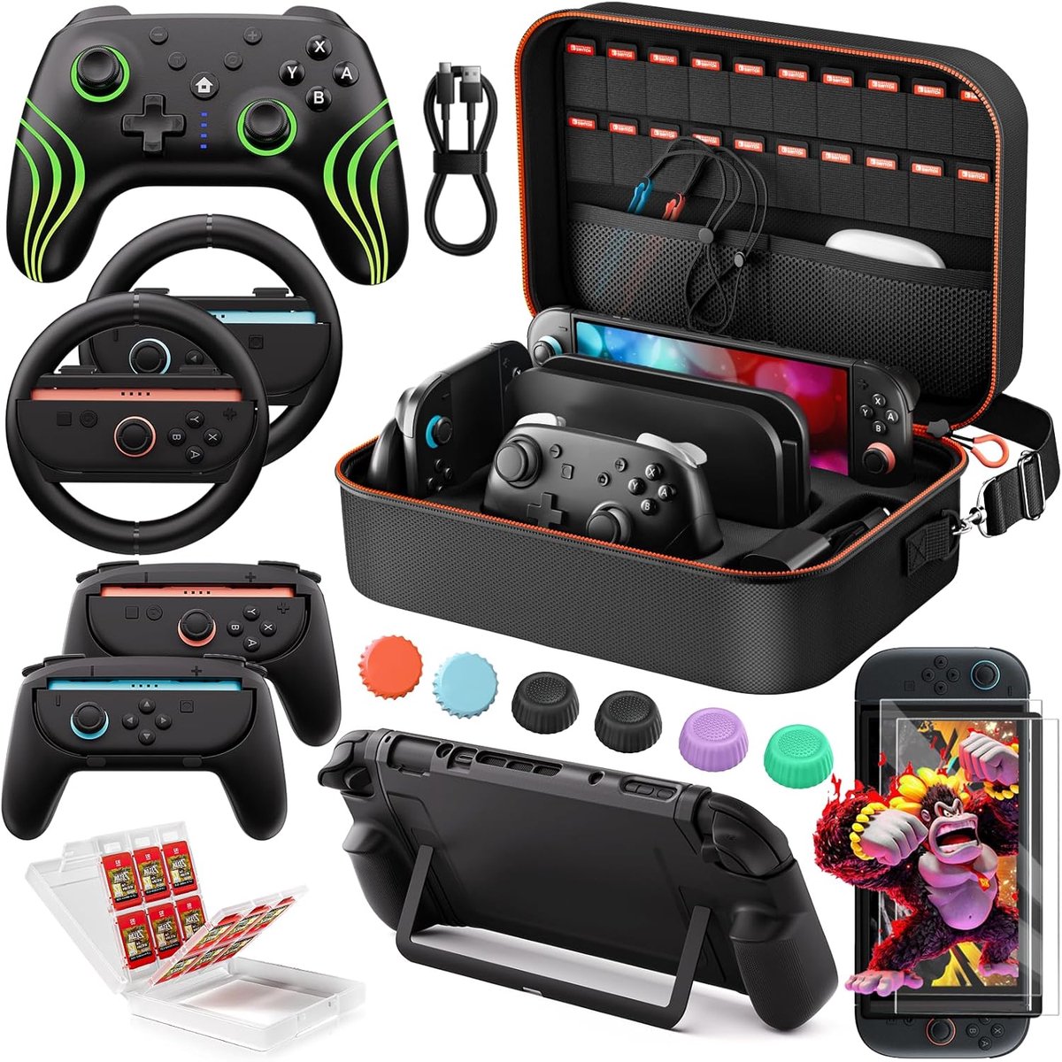 SnelShoppen - 17-in-1 Switch 2 Pro Controller Accessoirebundel, Draagtas, Schermbeschermers, Joy-Con Grips, Stuurwielen, Gamekaartetui, Duimgrips, Opl