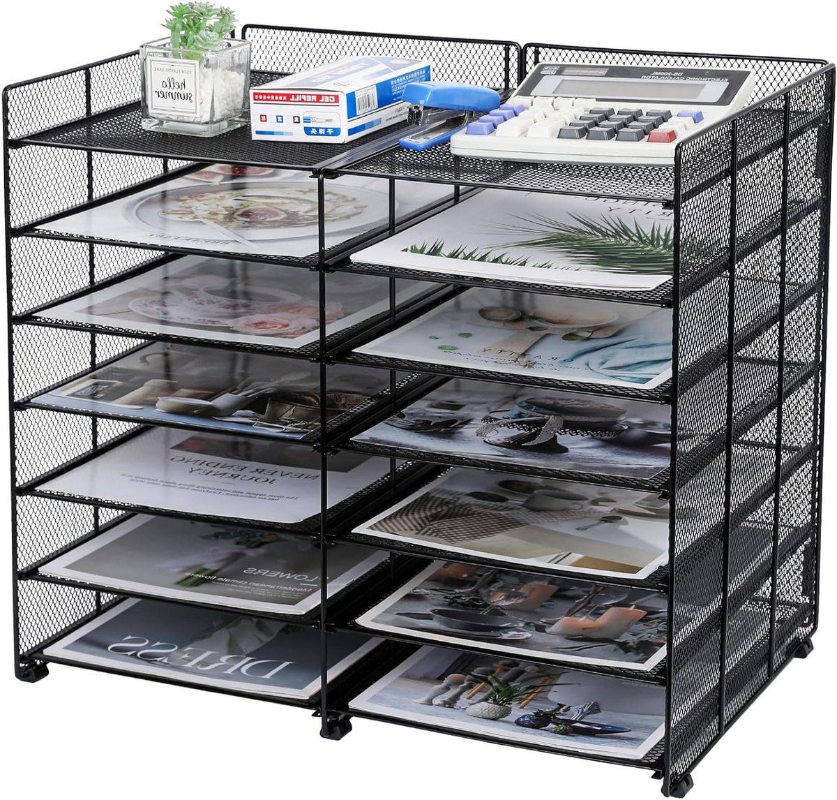 7-laagse Briefbak Desk Organizer met 12 Compartimenten - Verstelbare Documenten Sorter en Tijdschriftenhouder voor een Opgeruimd Bureau, Zwart