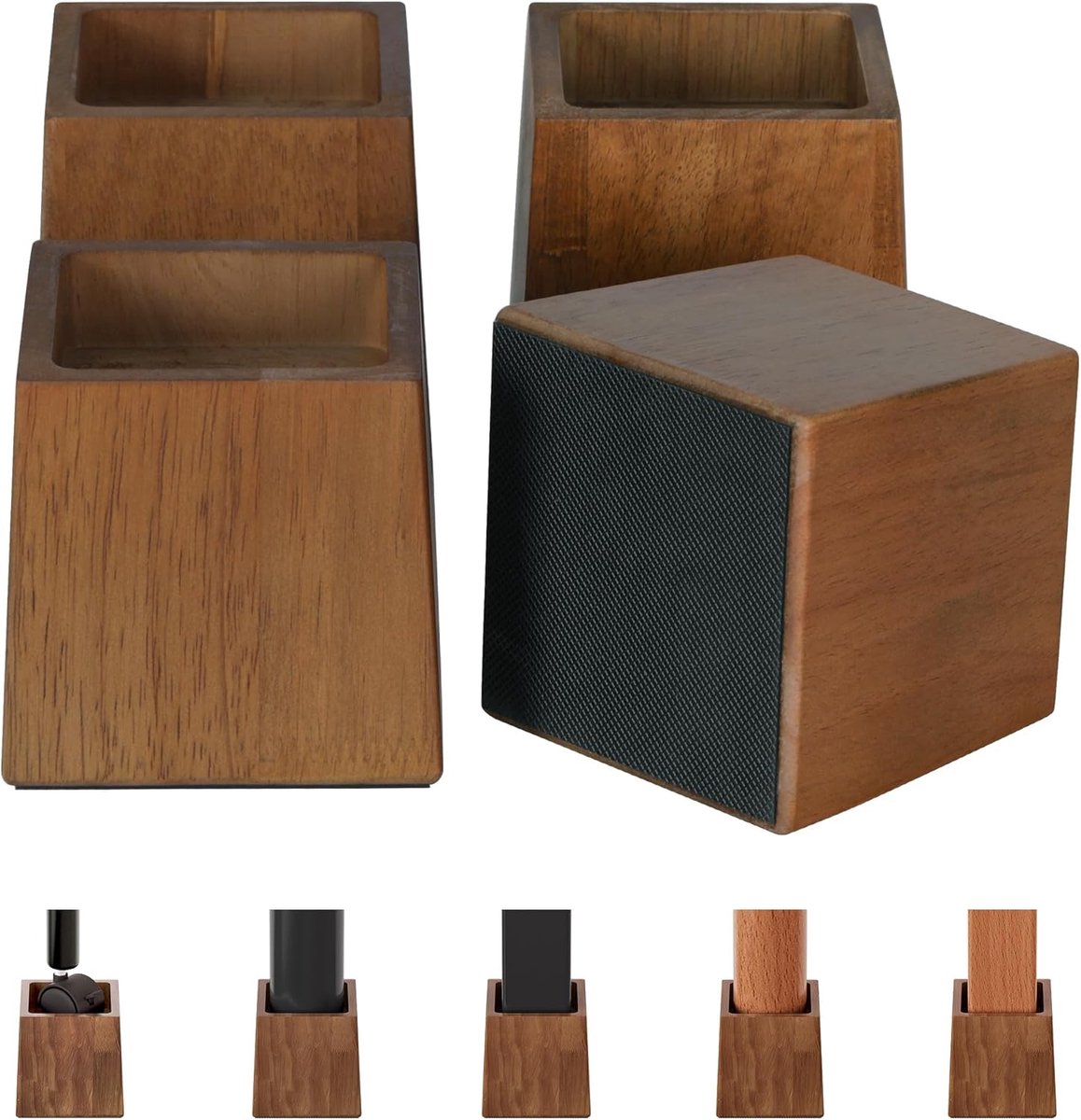 SnelShoppen - Houten Bedverhoger 10cm - 4 Stuks Meubelsteunen tot 1000kg - Retro Design - Ideaal voor Bed, Bank, Bureau & Tafel - Met Antislip Rubber