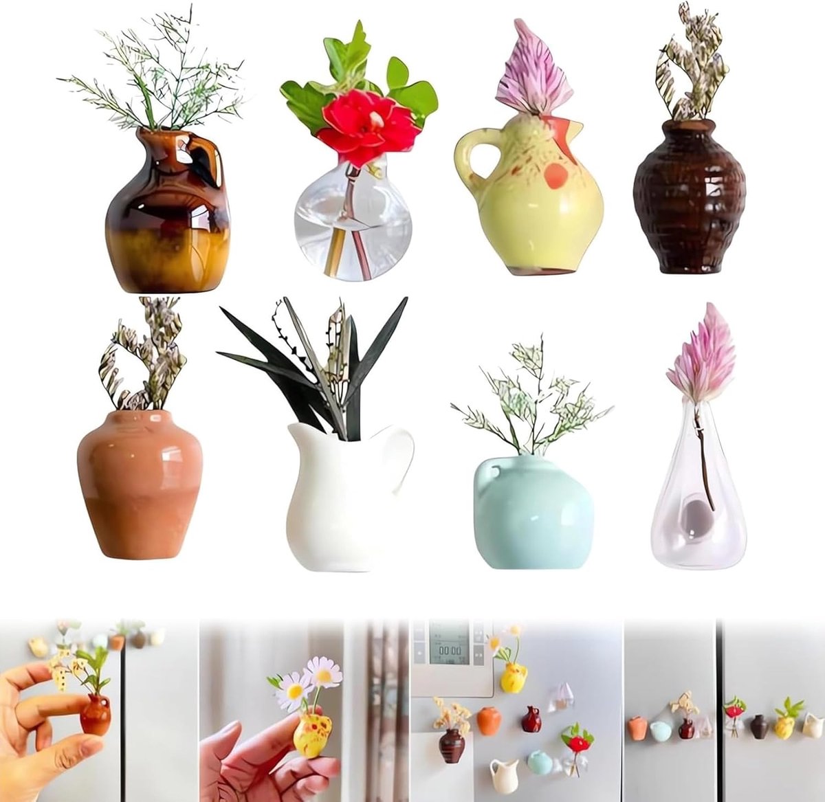 SnelShoppen - 8 Stuks Mini Vazen, Magnetische Vazen voor Koelkast, Decoratieve Magneten voor Thuis, Kantoor, Reis, Kleurige Glazen Vazen Set