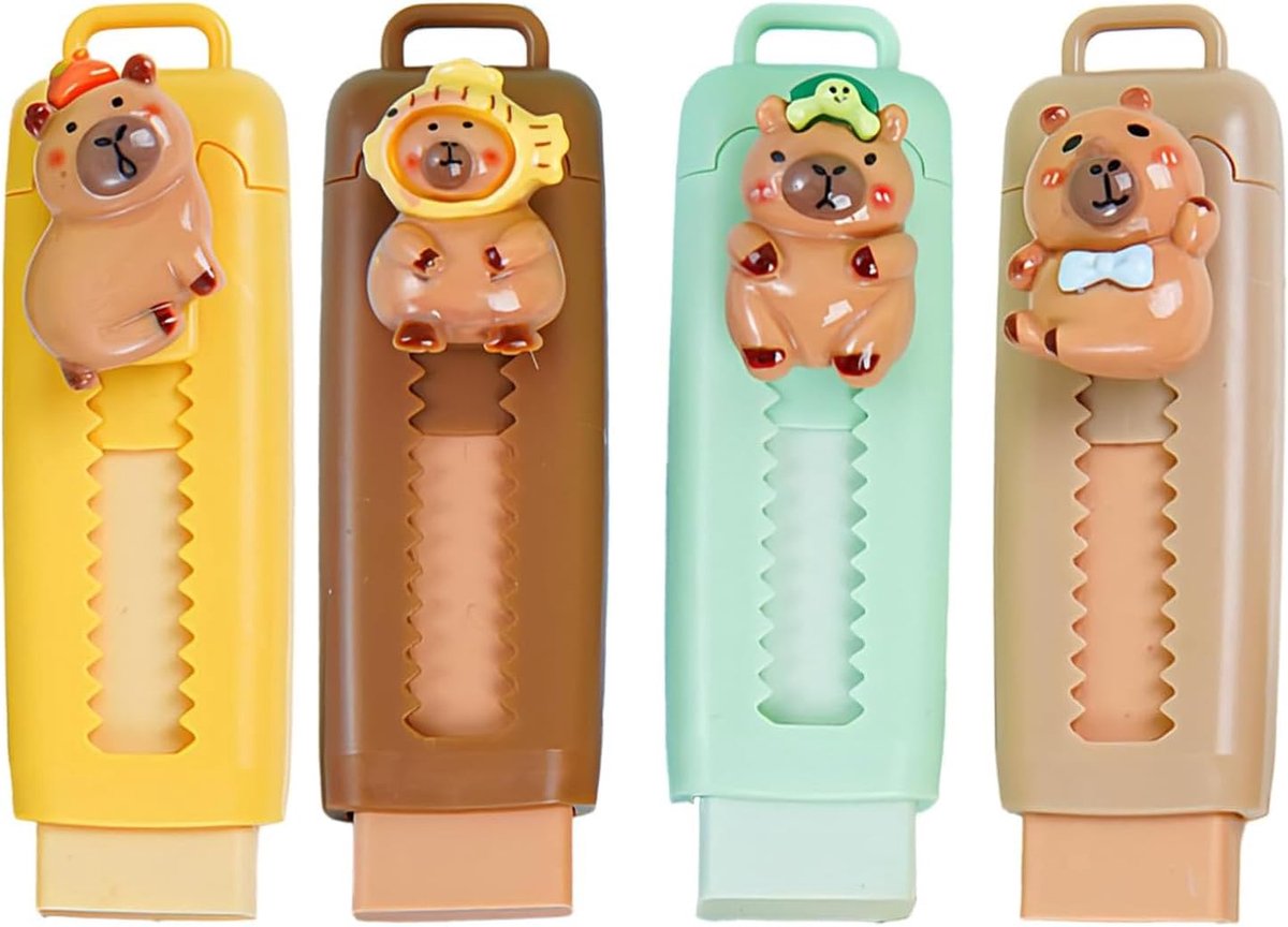 SnelShoppen - Retractable Funny Erasers, 4 Stuks, Kawaii Capybara Erasers, Schattige Rubber Gum, School, Kantoor, Thuis, Creatief Schrijven en Schilde