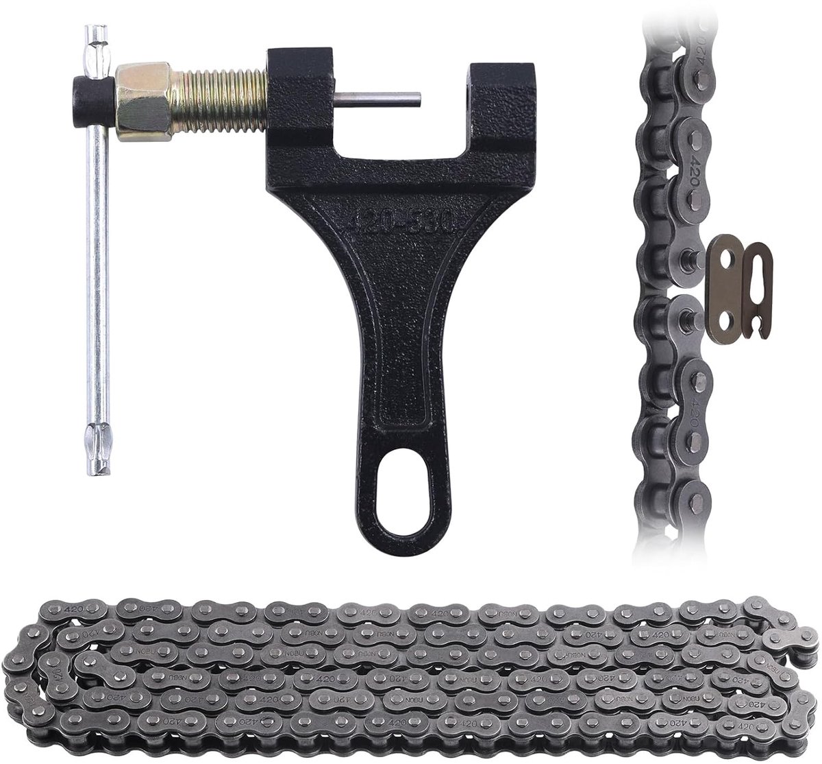 SnelShoppen - 2x 59 Inch 420 Motorfiets Kettingen, 132 Schakel Kettingen en Breekset, Koolstofstaal, Geschikt voor 110cc 125cc Dirt Pit Motoren