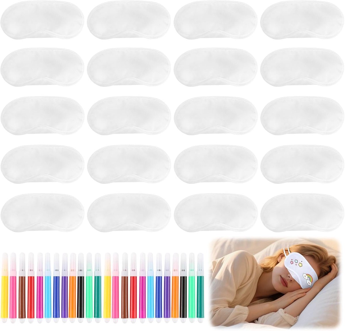 SnelShoppen - 20 Slaapoogmaskers Beschilderbaar met 24 Kleurpotloden - Ademend Slaapmasker voor Kinderen, Volwassenen - Perfect voor Pyjama-feesten en
