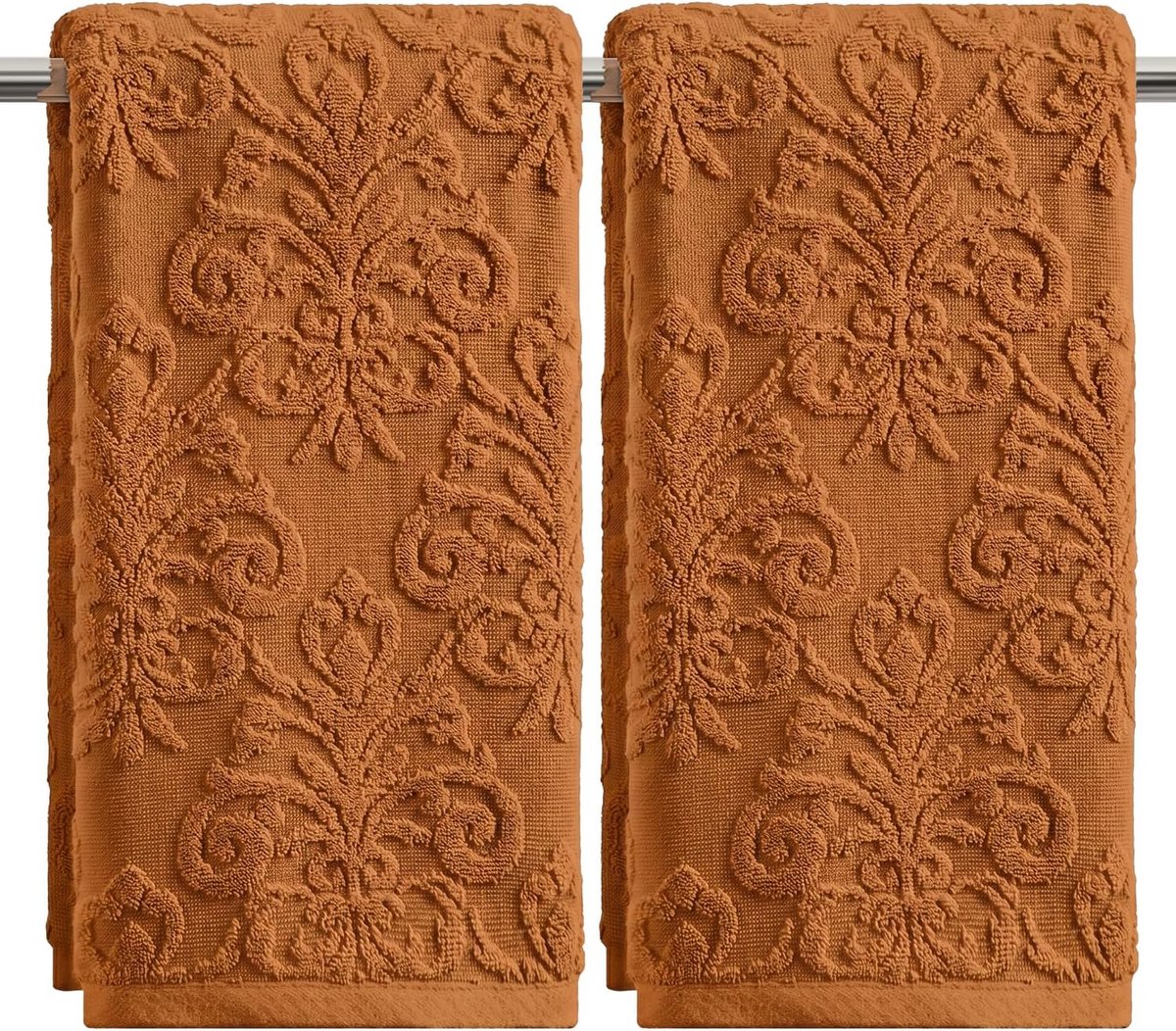 SnelShoppen - Set van 2 handdoeken 35 x 75 cm, caramel 3D vintage bloemen, 100% katoen, jacquard, zacht en absorberend voor badkamerdecoratie, badhand