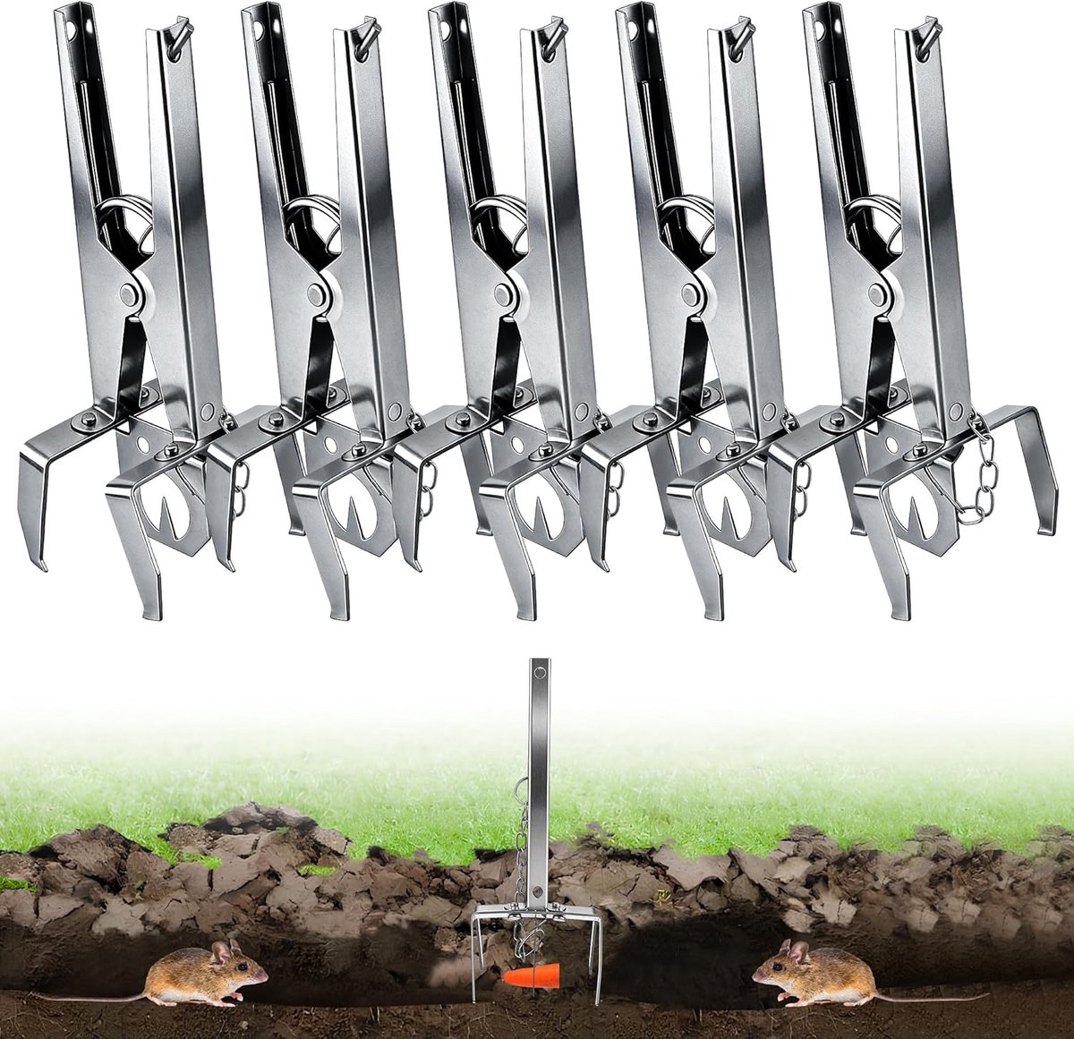 SnelShoppen - 5-delige Vole Trap met Ketting - Scherpe en Herbruikbare Vole Trap met Clips - Dubbelzijdige Vangst voor Tuin en Gazon