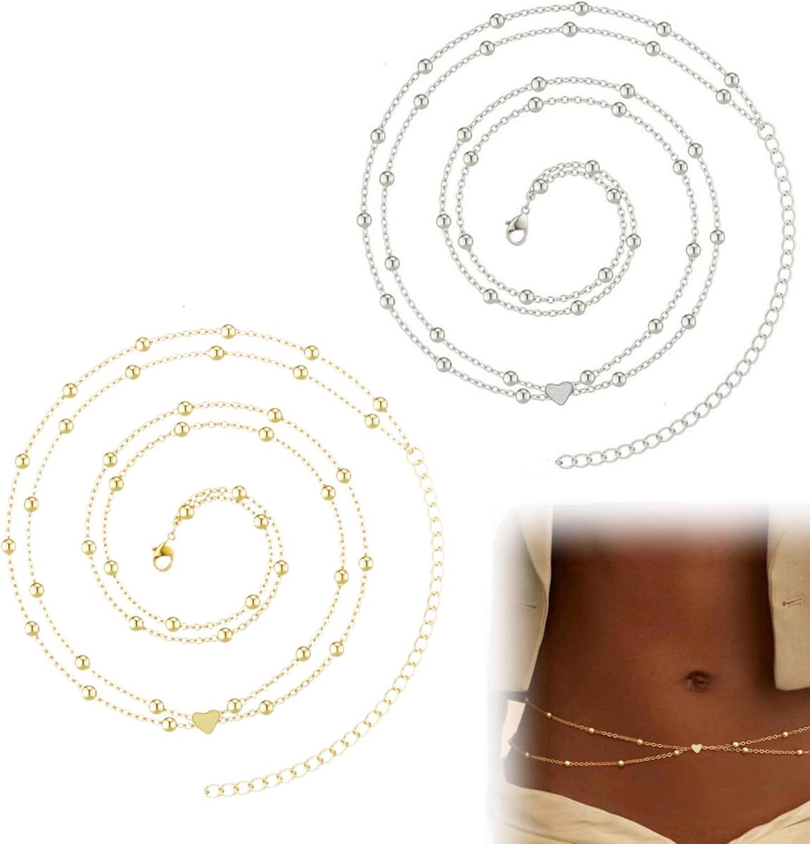 SnelShoppen - 2 stuks buikkettingen voor dames, verstelbare goud en zilver, waterdicht, 2 lagen, perfect voor strand en feest