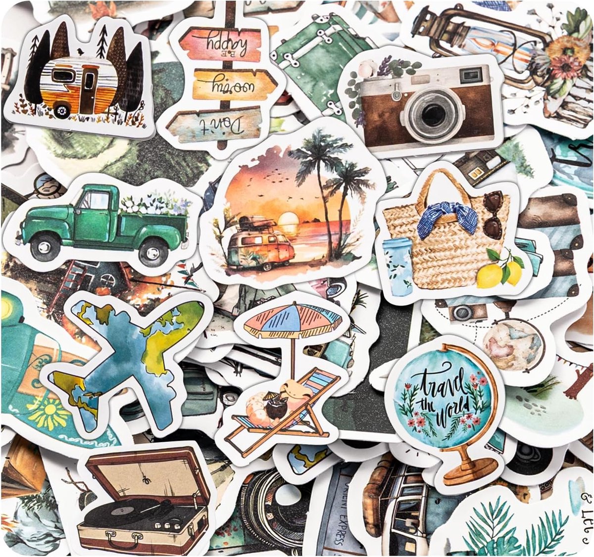 SnelShoppen - 100 Outdoor Reisbureau Stickers voor Luggage, Scrapbooking, Hoogwaardige Materialen, Levendige Ontwerpen voor Reizen, Camping, Opslagdoz