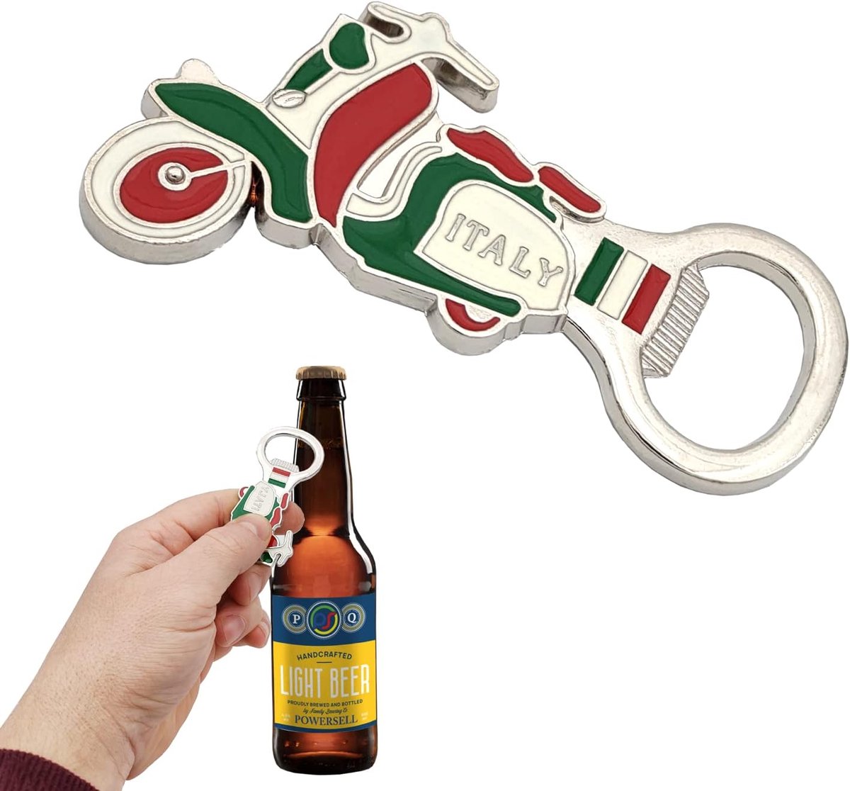 SnelShoppen - Flessenopener Scootermotief voor Bier, Italiaanse Vlag, Metalen Sleutelhanger, Duurzaam en Stijlvol Cadeau voor Mannen en Vrouwen, Perfe