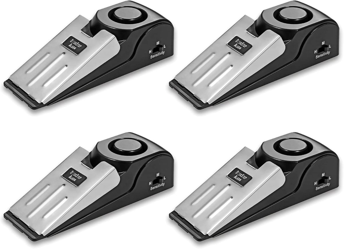 SnelShoppen - 4 Pack Deurstop Alarm - 120dB Draadloze Diefstalbeveiliging - Compacte Wedge Deurhulp voor Thuis, Appartement en Reizen - Ideaal voor Ve