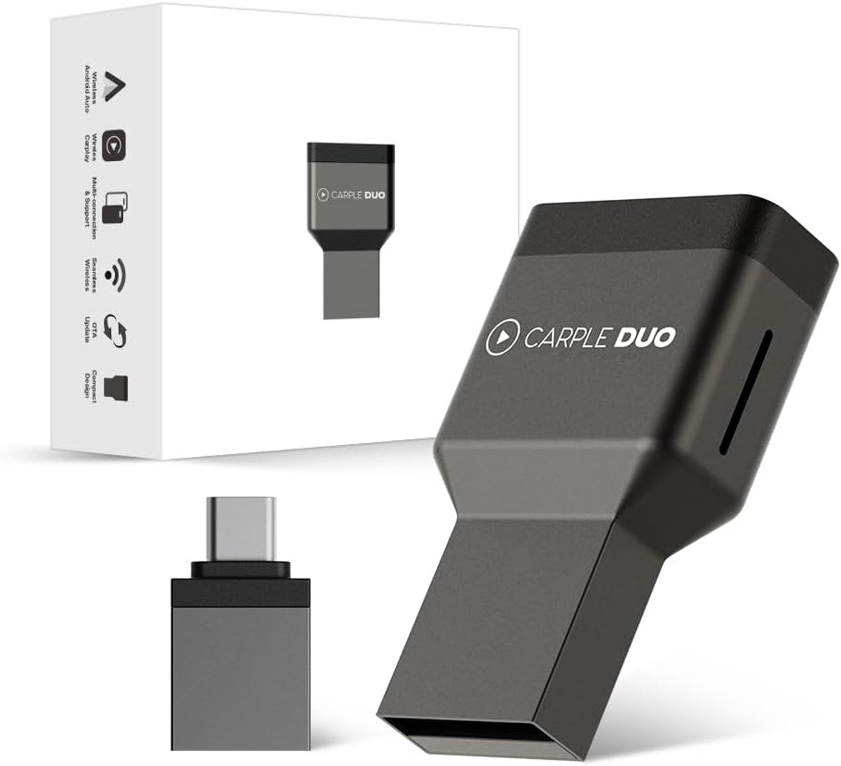 SnelShoppen - Duo Wireless Adapter - Upgrade van Bedrade Smartphone Integratie naar Draadloos - Compatibel met CarPlay & Android Auto - USB-C & USB-A
