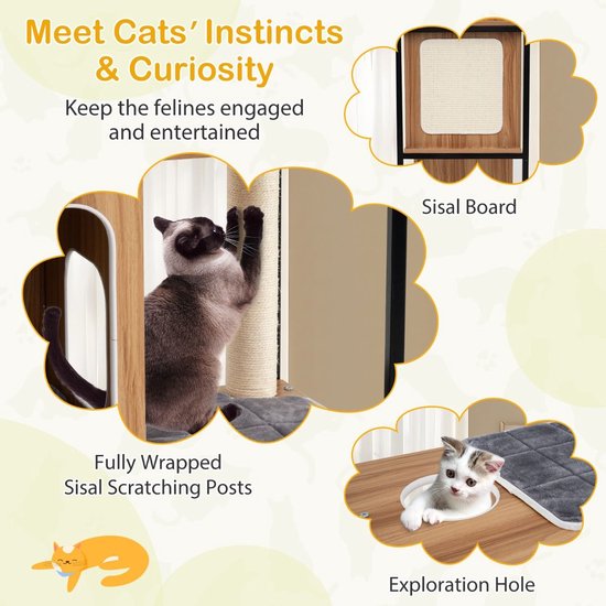 Kattenboom met sisal krabpaal, sisal plank en verkenningsgat. De tekst vermeldt 'Meet Cats' Instincts & Curiosity'.