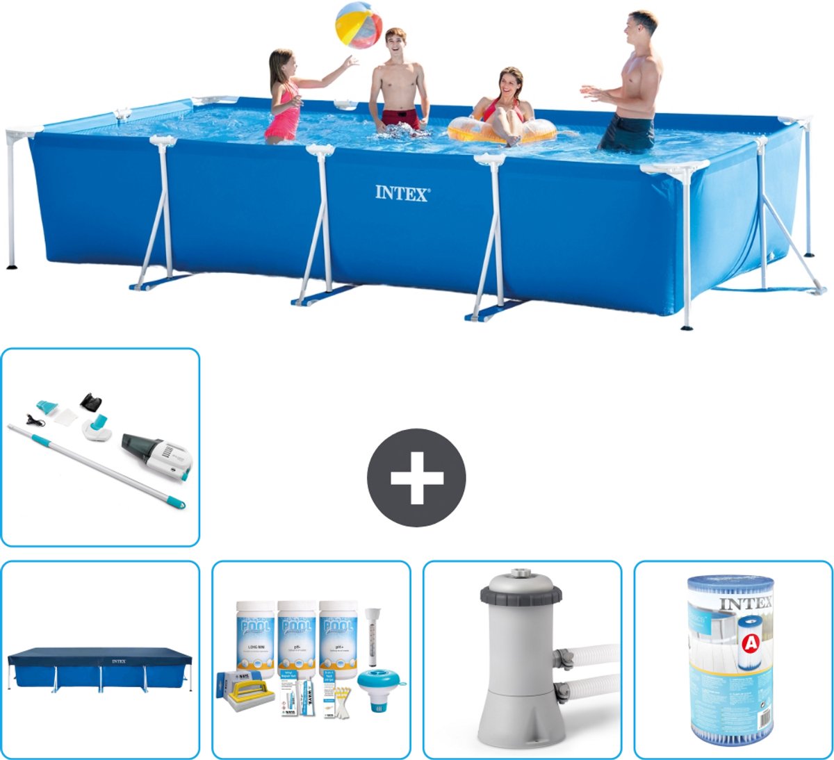 Intex Rechthoekig Frame Zwembad - 450 x 220 x 84 cm - Blauw - Inclusief Afdekzeil - Onderhoudspakket - Zwembadfilterpomp - Filter - Stofzuiger - 6-delig