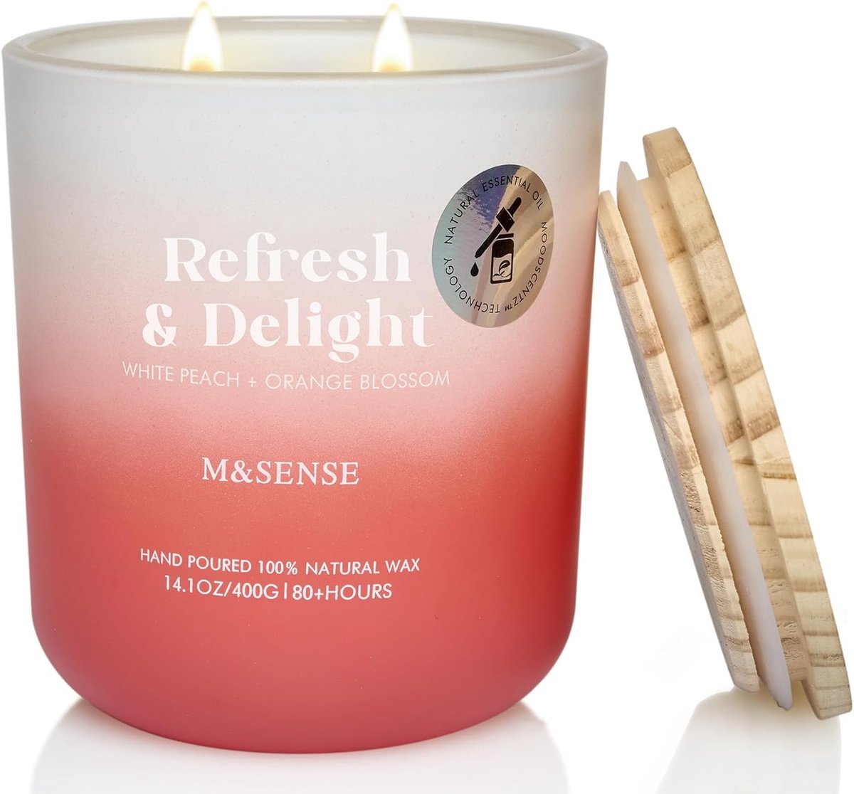 SnelShoppen - Geurkaars Wit Perzik & Sinaasappelbloesem - 400g Nontoxisch - 80 Uur Brandtijd - Natuurlijke Sojawas - 2 Lonten - Aromatherapie - Cadeau