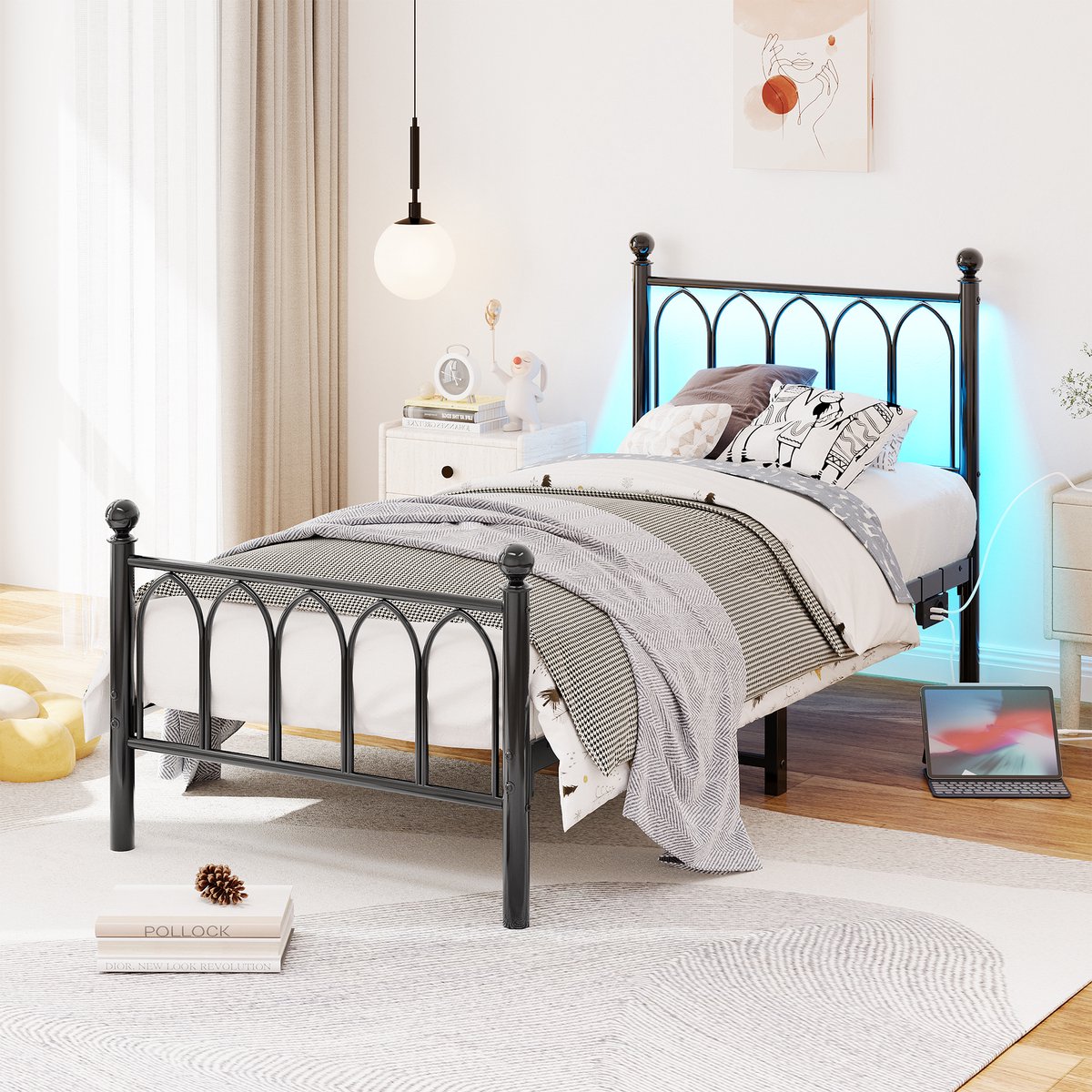 Metalen Bed 90x200 cm - Met LED-Verlichting en USB-Laadpunt - Zonder Matras - Met Opbergruimte Onder Bed - MDF en Metaal - Zwart