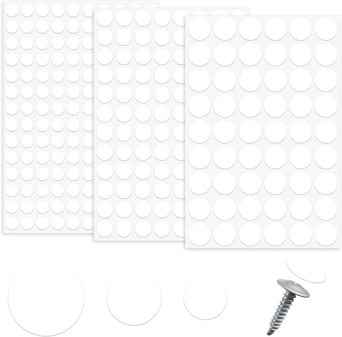 SnelShoppen - 290 Pcs Witte Schroefgaten Stickers, Zelfklevende PVC Dekplaatjes voor Meubelreparatie, Waterproof, 12mm, 15mm, 21mm voor Houten Meubels