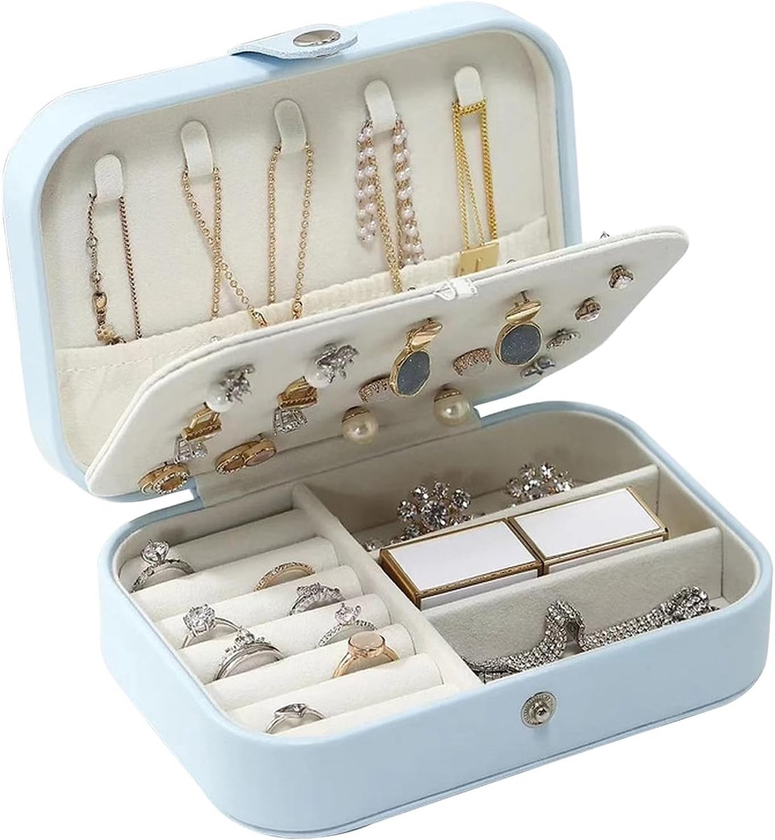SnelShoppen - Sieradenbox voor Meisjes, Draagbare Lederen Sieraden Box 10 x 10 x 5 cm, Reis Sieradenopbergdoos voor Oorbellen, Ringen en Kettingen (Li