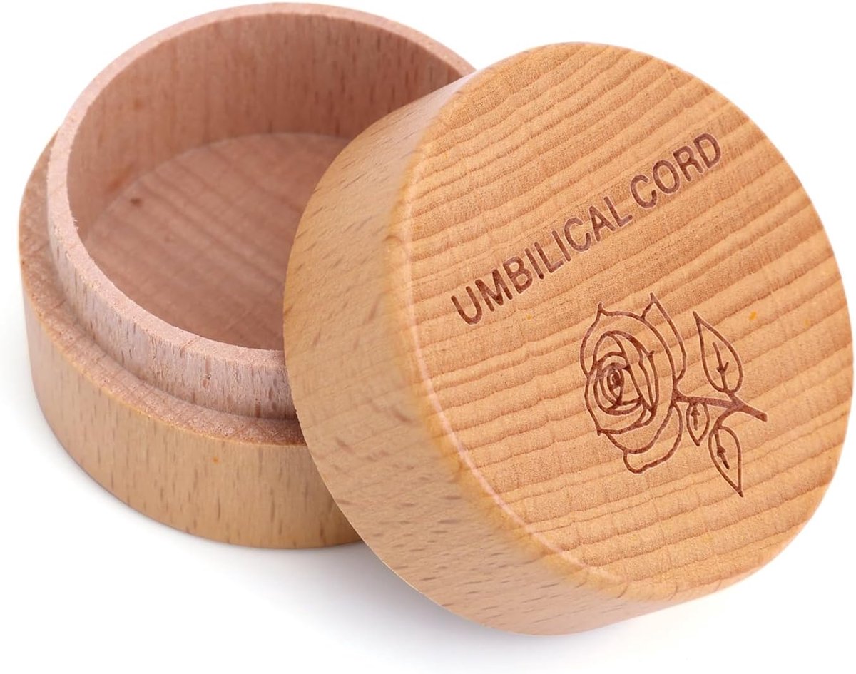 SnelShoppen - Houten Rond Herinneringsdoos voor de Navelstreng, Gegraveerd Beukenhout Souvenir voor Pasgeborenen, Fetus Haar Bewaarbox, Babyshower & D