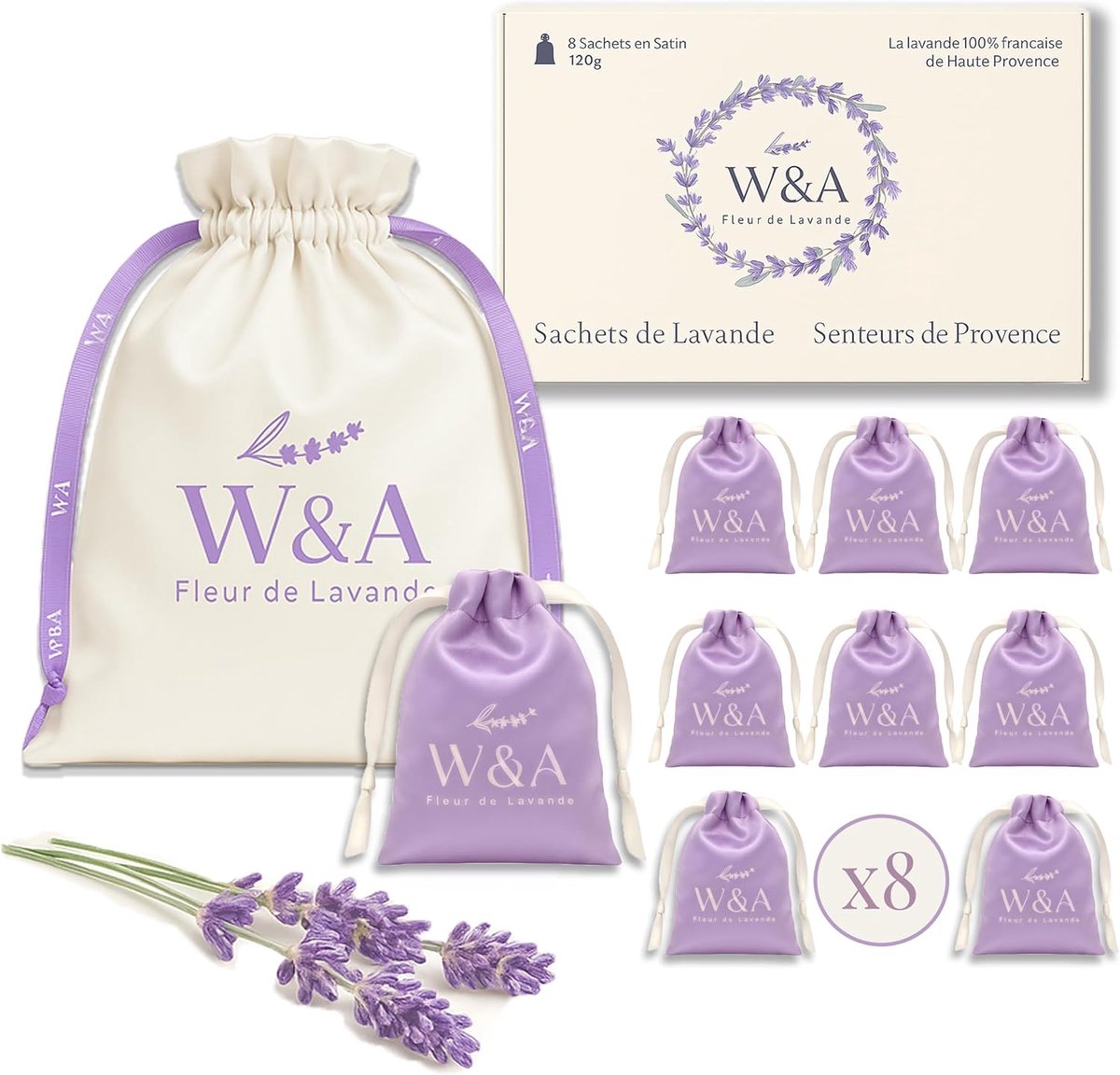 Thijox - Lavendel geurzakjes voor kast en kleding – 8 premium satijnen zakjes met 120g gedroogde lavendel uit de Provence – mottenbescherming, aromath