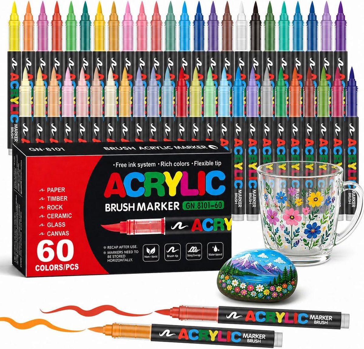 SnelShoppen - 60 Acrylstiften met Flexibele Penseelpunt (1-5mm) – Waterbestendige en Sneldrogende Markers – Permanent en Veelzijdig voor Steen, Kerami