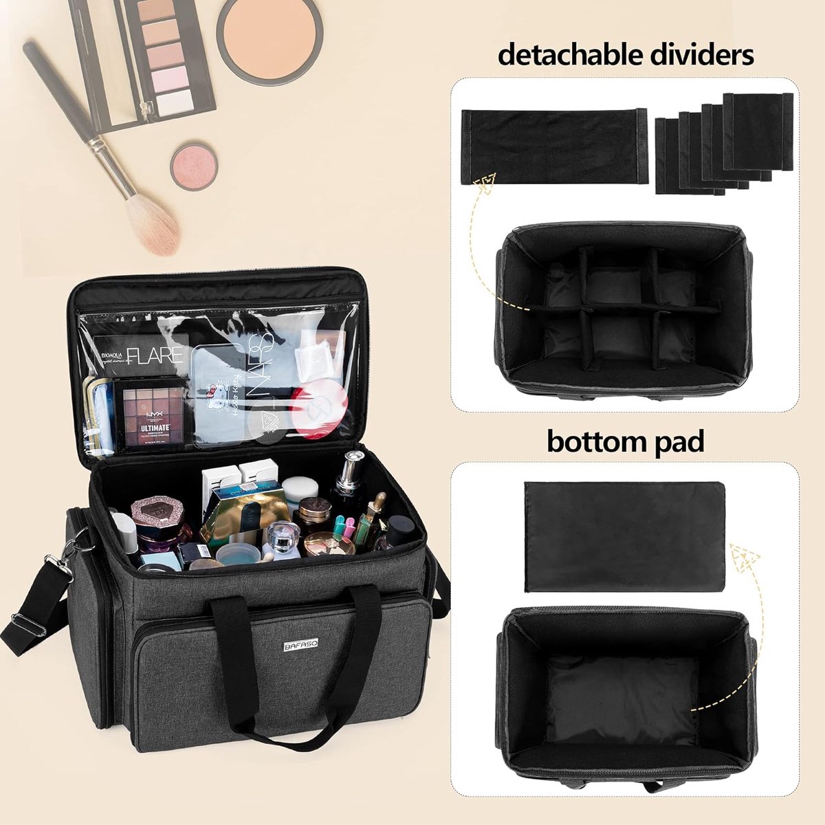 SnelShoppen - Grote Makeup Tas Reis Makeup Koffer met Verstelbare Scheiders, Cosmetica Opbergdoos, Zwart, Klassiek, Perfect voor Reizen en Thuisgebrui
