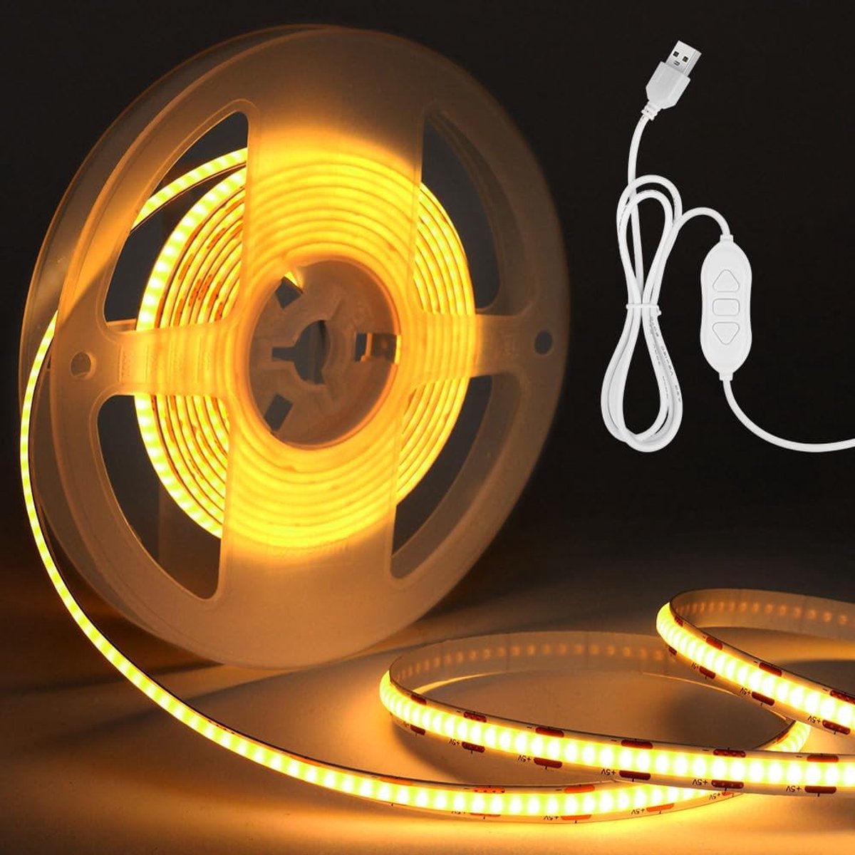 SnelShoppen - 2m USB LED Strip 5V COB Warm Wit, Flexibele LED Strip met Geheugenfunctie, 320LED/M, Snijbaar, Perfect voor TV Achtergrondverlichting, S