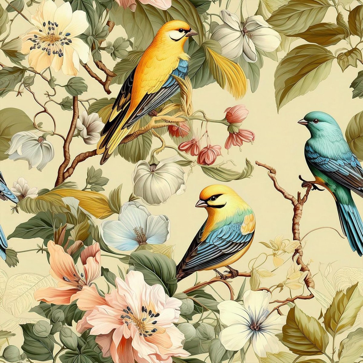 Zelfklevend bloemenbehang met vintage uitstraling voor slaapkamer en badkamer, bloemen en vogels patroon, wanddecoratie