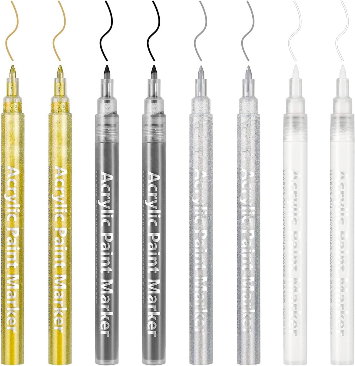 SnelShoppen - Metallic Acrylverf Stiften 8 Stuks - 0.7mm Acrylmarkers voor Steen, Hout, Porselein, Keramiek en Textiel - 2 Witte, 2 Zwarte, 2 Gouden e