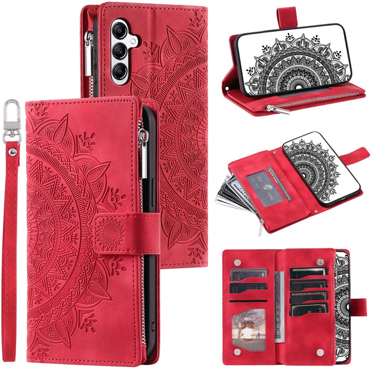 Telefoonhoesje geschikt voor Samsung Galaxy A27 5G - Portemonnee met rits - book-case hoesje - ruimte voor 8 pasjes - mandala rood