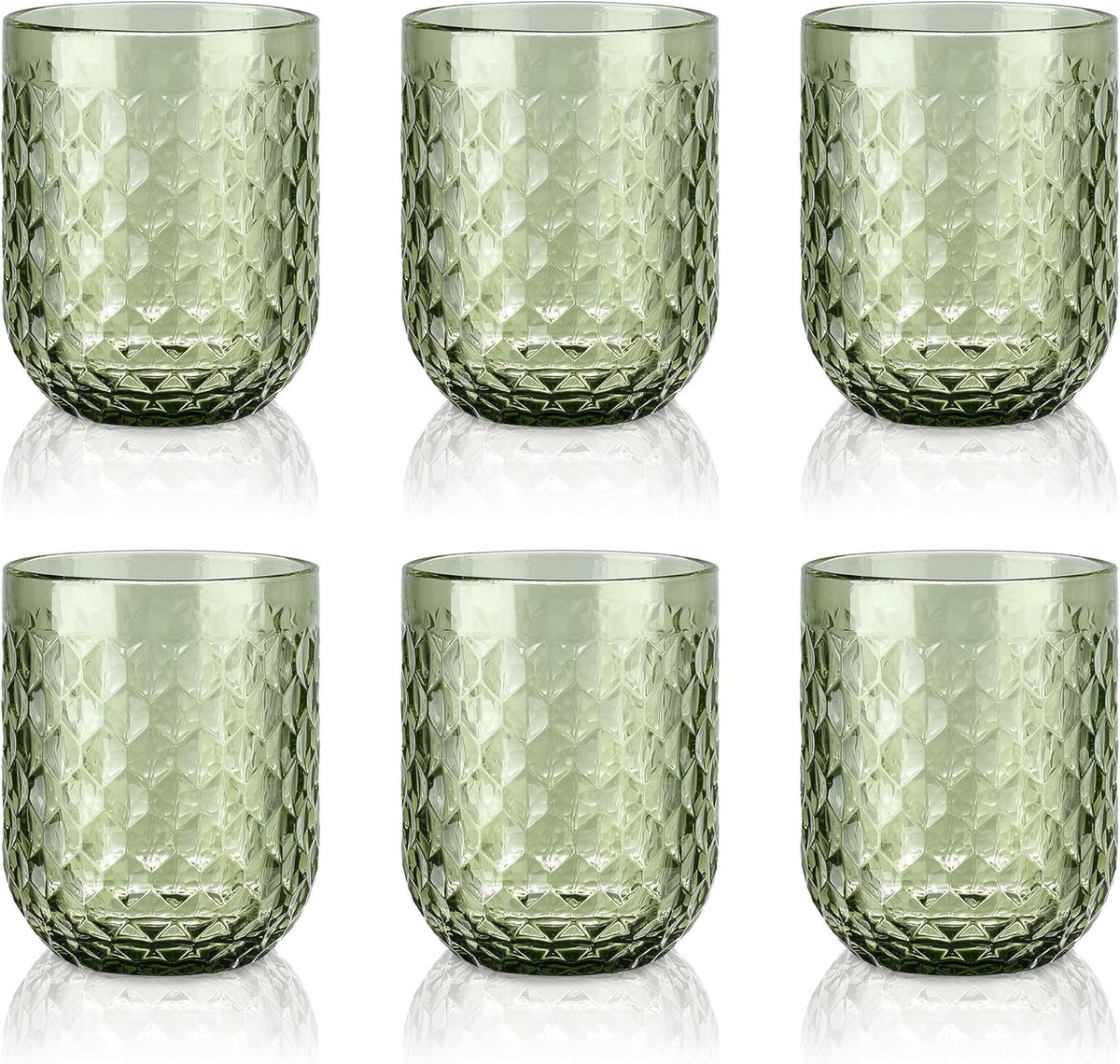 SnelShoppen - Set van 6 Kleine Groene Drinkglazen 200ml met Diamant Gegraveerd Design, Kleurvolle Waterglazen voor Thuis, Restaurant & Bar, Vaatwasser