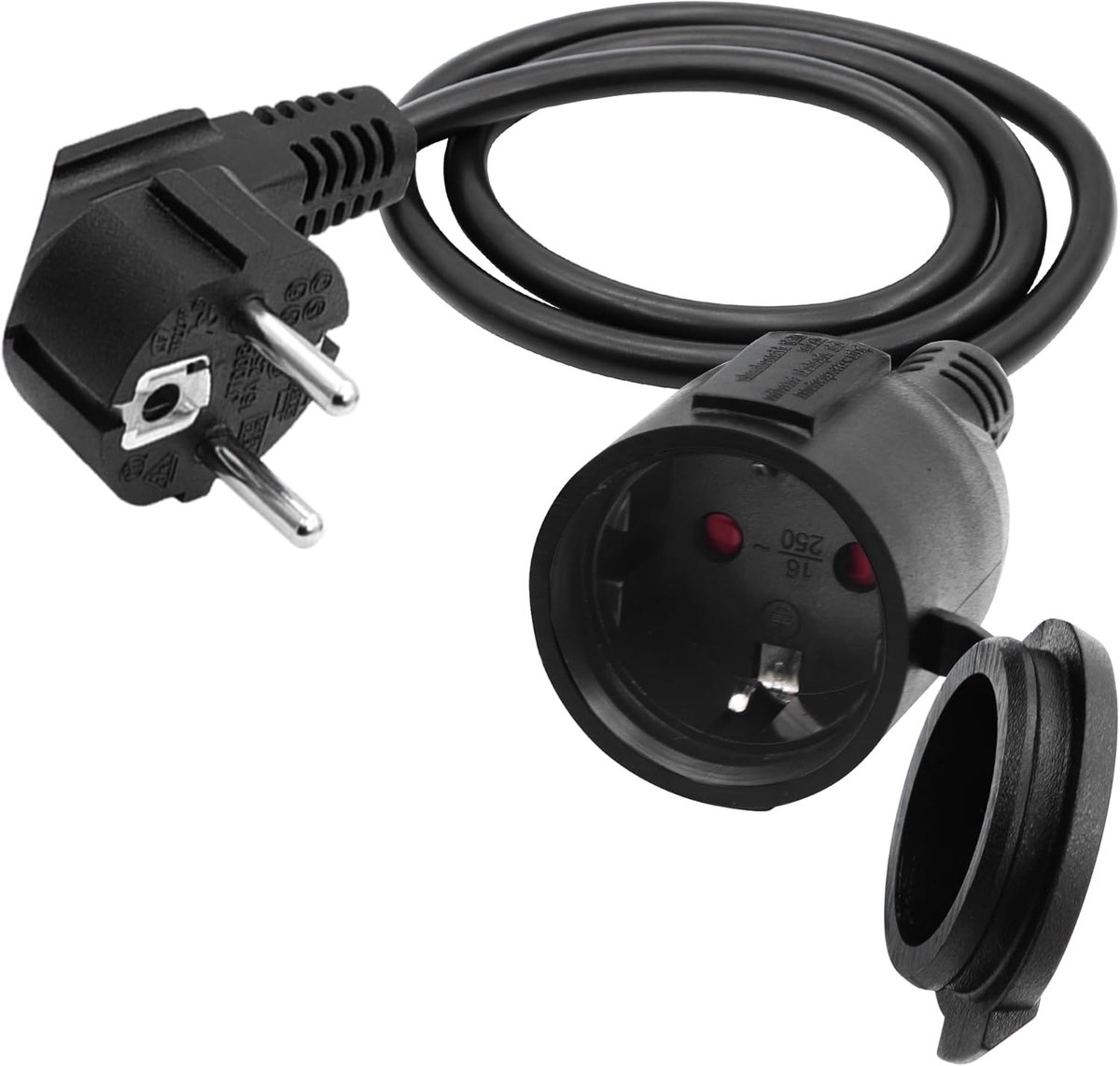 SnelShoppen - Verlengkabel voor Buiten 90 Graden Schuko Stekker, Korte AC Verlengkabel 3x1,5 mm², 16 A, 250 V, IP44, Zwart, Ideaal voor Tuin, Kantoor