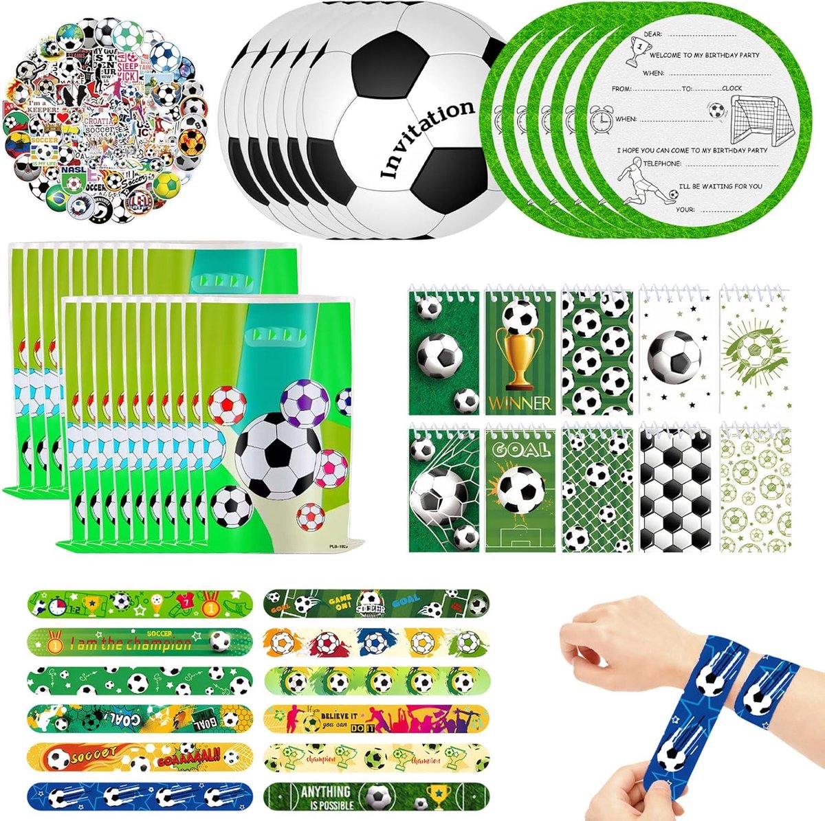 SnelShoppen - Voetbalcadeautje voor Kinderen 152-delig - Compleet Voetbalfeestpakket met Stickers, Cadeauzakjes, Klikarmbanden, Notitieboeken en Uitno