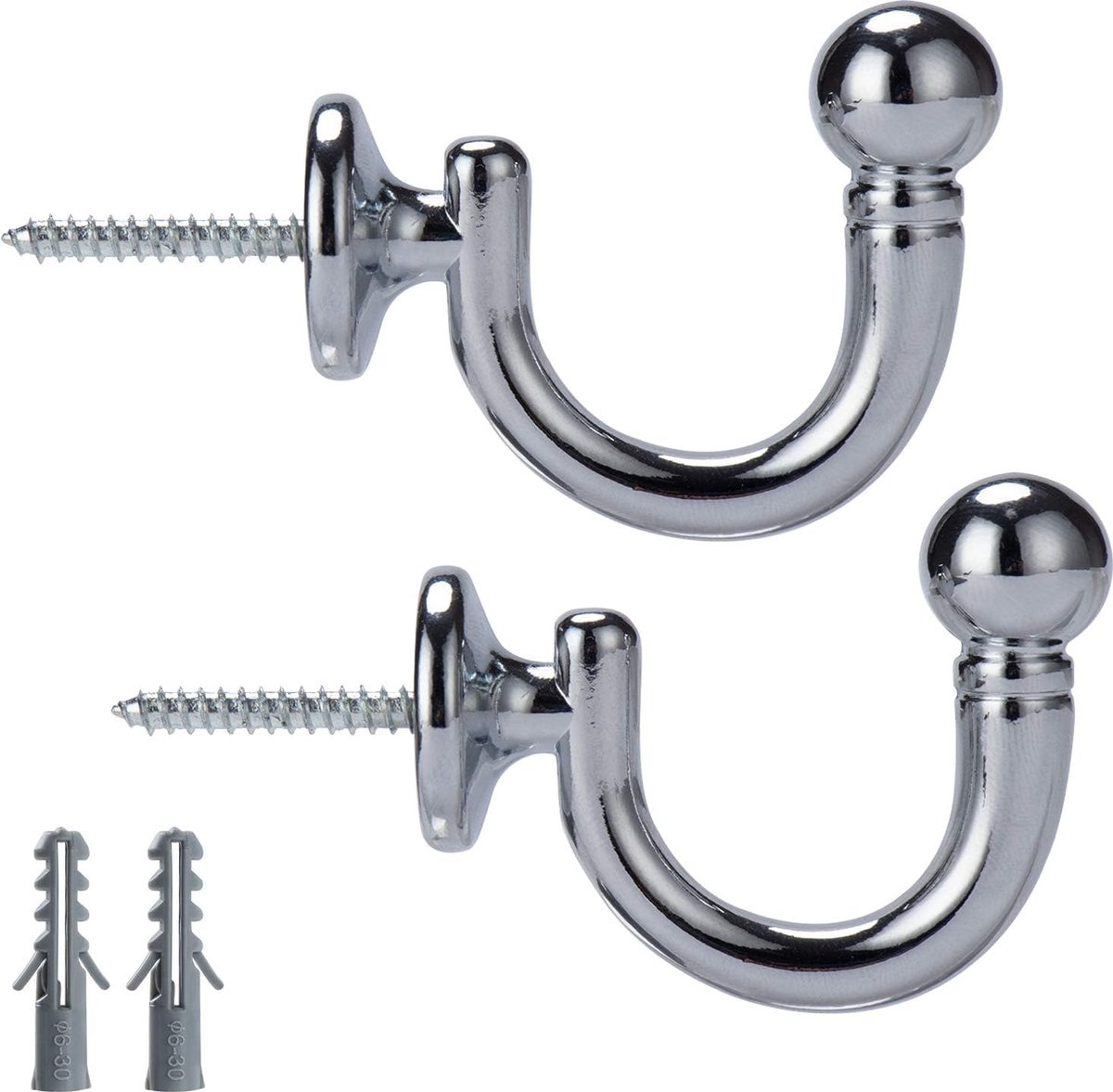 SnelShoppen - Set van 2 Metal Curtain Holders Rond Hoofd Gordijnhaak, Wandgemonteerde Gordijnsteun, Chrome Tassteun voor Gordijnen, Kleding, Hoeden en