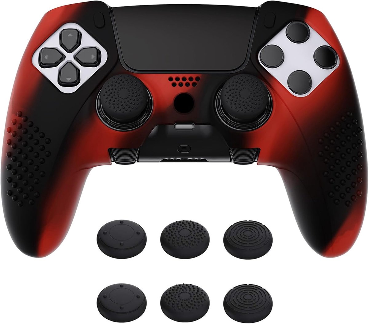 SnelShoppen - Anti-Slip Silicone Skin Cover Case voor PS5 Edge Controller - Zacht Rubber Bescherming met Grip Caps - Rood & Zwart (3D Studded Edition)