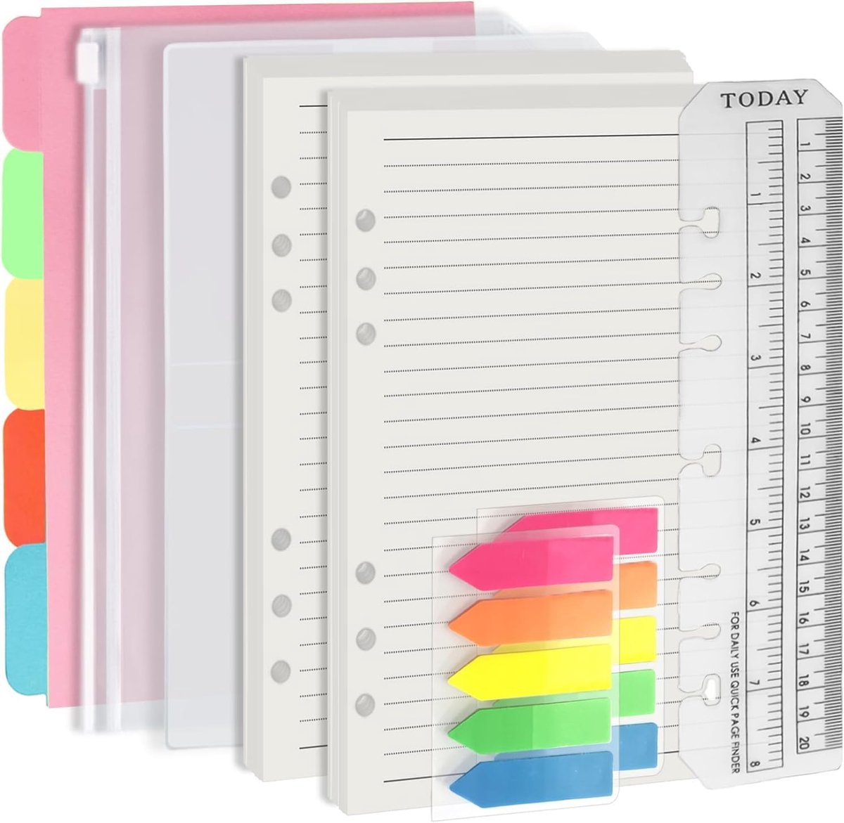 SnelShoppen - A5 Planner Inserts Set, 90 Vellen Papier met Stickers, 4 Compartimenten, Weekplanner, Ontvangstzak, Bookmark Ruler, Kleurpapier, Voor Re