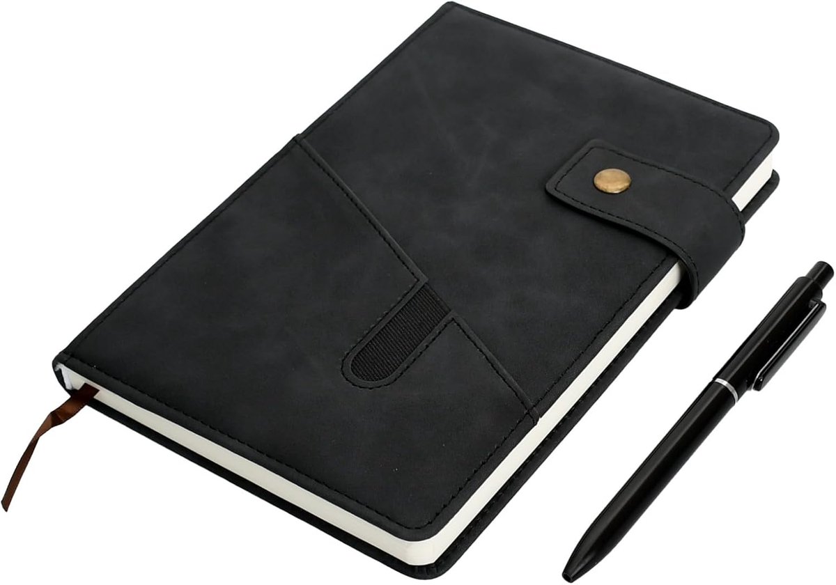 SnelShoppen - Notitieboek A5 Gelinieerd Zwart Leer met Balpen - Premium Kantoor Notitieblok - 100 g Papier voor Journaling en Studentendagboek
