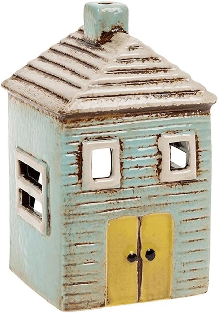 SnelShoppen - Teelicht Houder Blauw Huis - Keramisch Tealight Holder - Glanzende Afwerking - 12cm x 7.5cm - Perfect voor Feestjes, Tuin, en Binnenhuis
