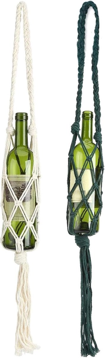 SnelShoppen - 2PCS Vintage Boho Wijnfles Tas - Draagbare Katoenen Waterflesdrager voor Kamperen, Hiking, Interieurdecoratie - Retro Stijl
