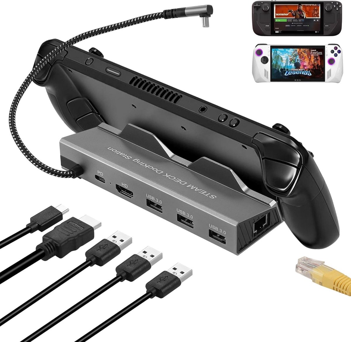 SnelShoppen - Steam Deck Dock 6-in-1 Docking Station, USB-C Hub met HDMI 2.0 4K@60Hz, Gigabit Ethernet 1000Mbps, 3 USB-A 3.0 poorten en 100W Snelladen
