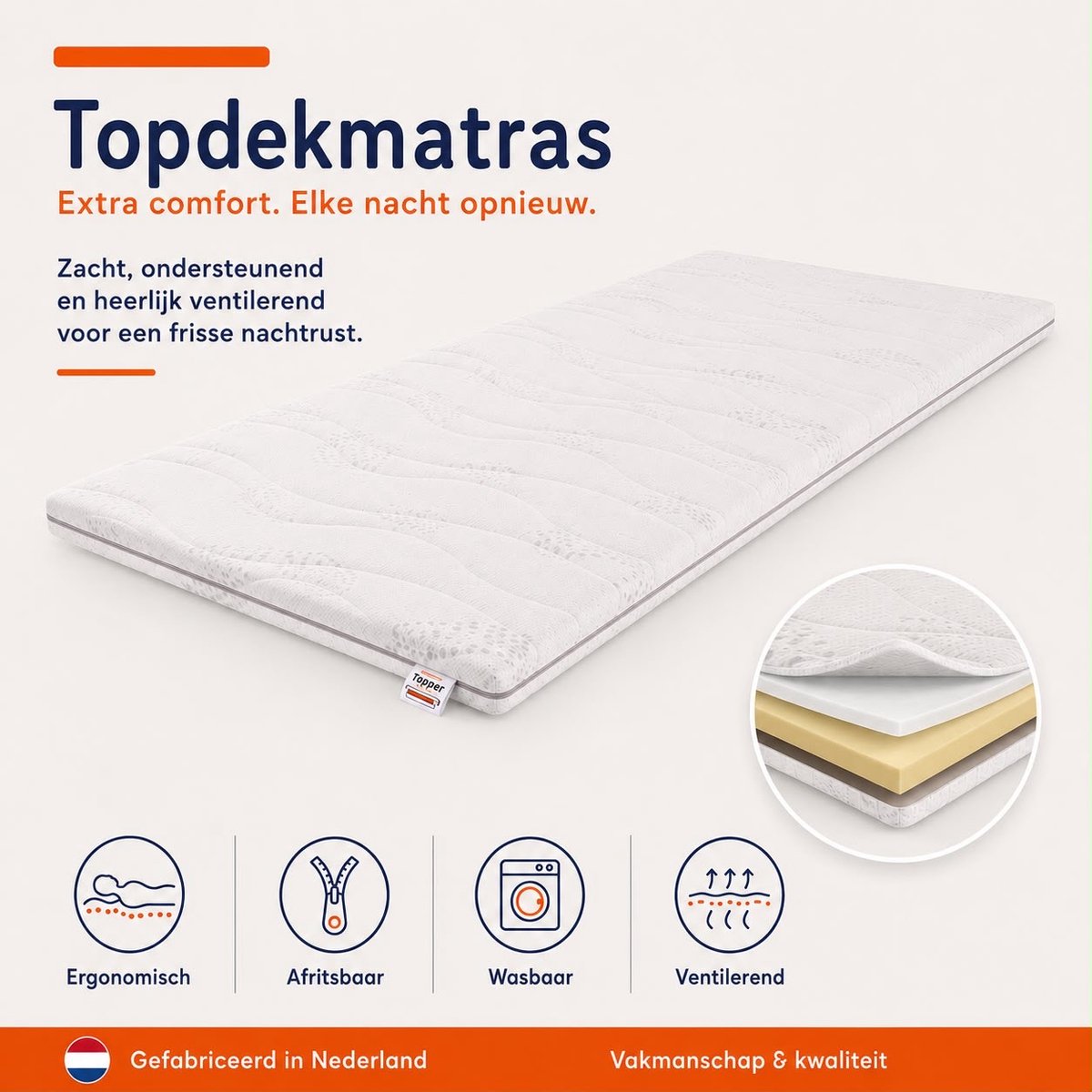 Bestrest Bedden Topdekmatras - Topper - 200x200 - Nasa Visco Platina foam - Traagschuim - 7cm dik - Cooltouch Tijk Wit