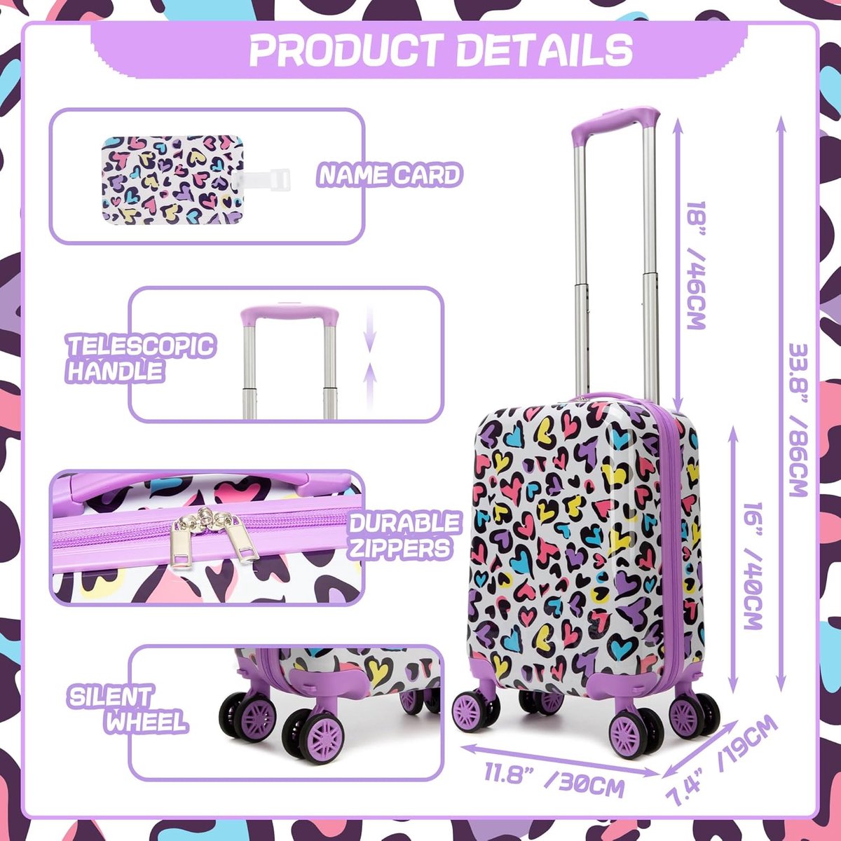 SnelShoppen - Kindersuitcase 2 Pcs, Harde Koffer voor Kinderen met Reis Kussen, Bagage Tag, Universele Wielen, Kleurrijk Paars, Handbagage voor Kinder