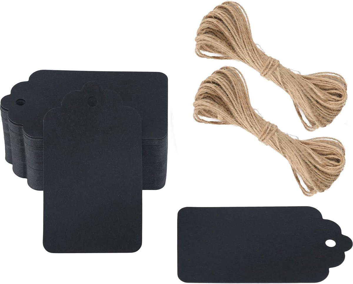 SnelShoppen - 100 Stuks Zwarte Cadeaulabels, 7cm x 4cm Kraftpapier Labels met Jute Touw 30m, Perfect voor Feesten, Decoratie, Knutselen en Cadeaus