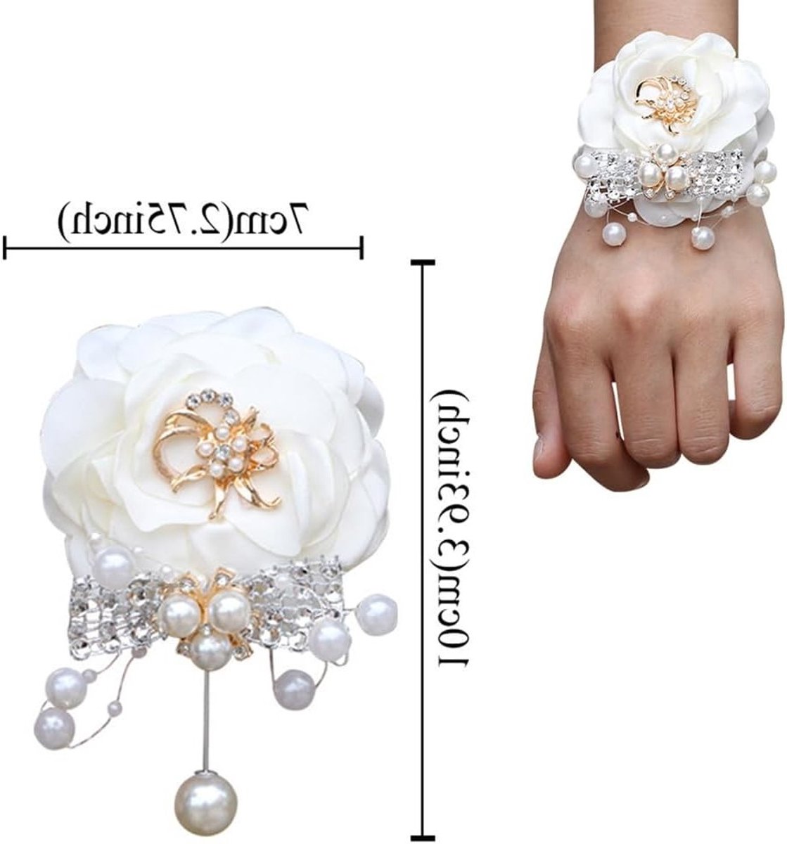 Elegante Satijnen Rozen Corsage en Polsboeket Set voor Bruiloft en Prom, 10cm x 7cm (Wit) - Perfecte Accessoires voor Bruidsmeisjes en Feestelijke Gelegenheden